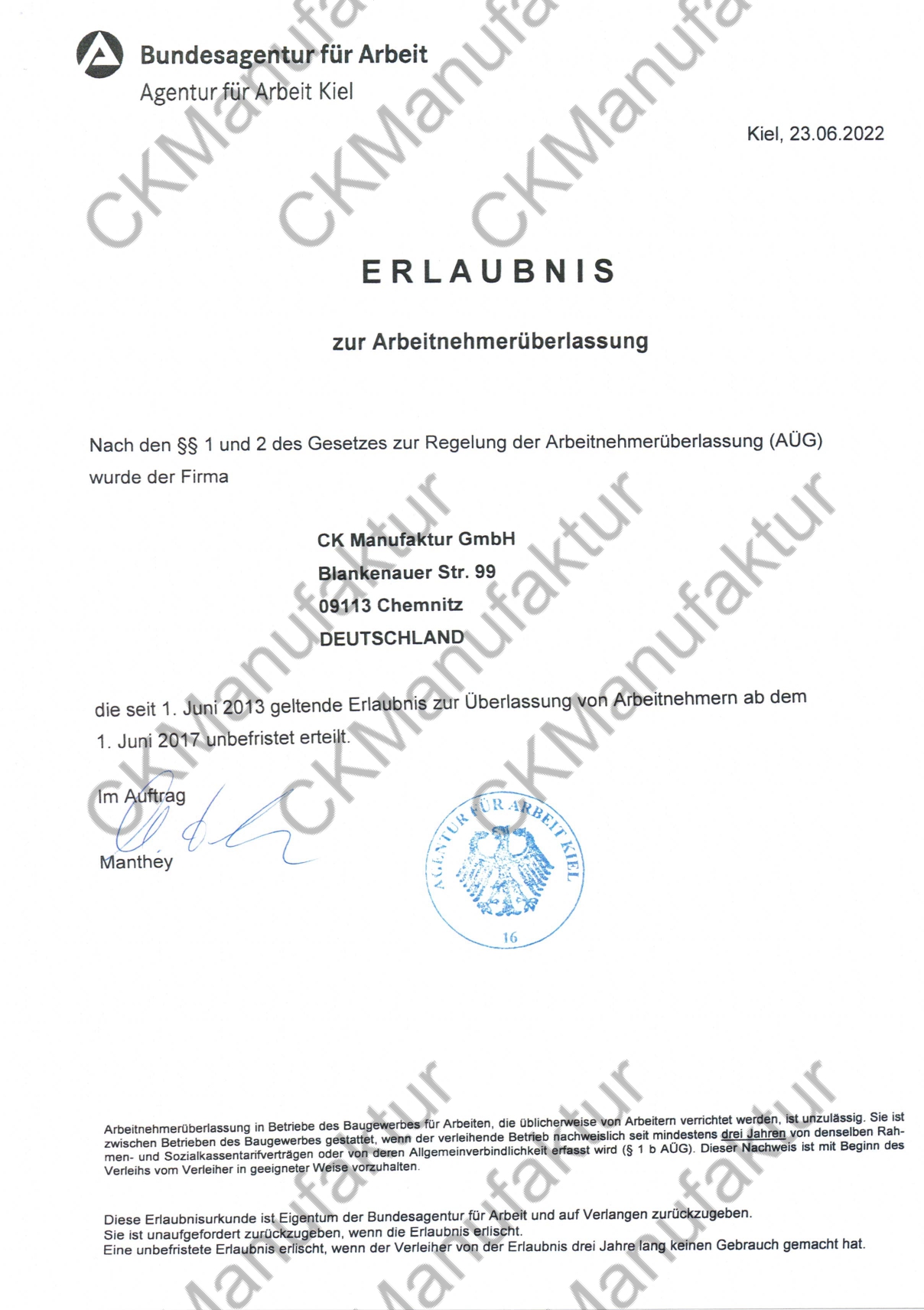 Erlaubnis Arbeitnehmerüberlassung – ckmanufaktur.de